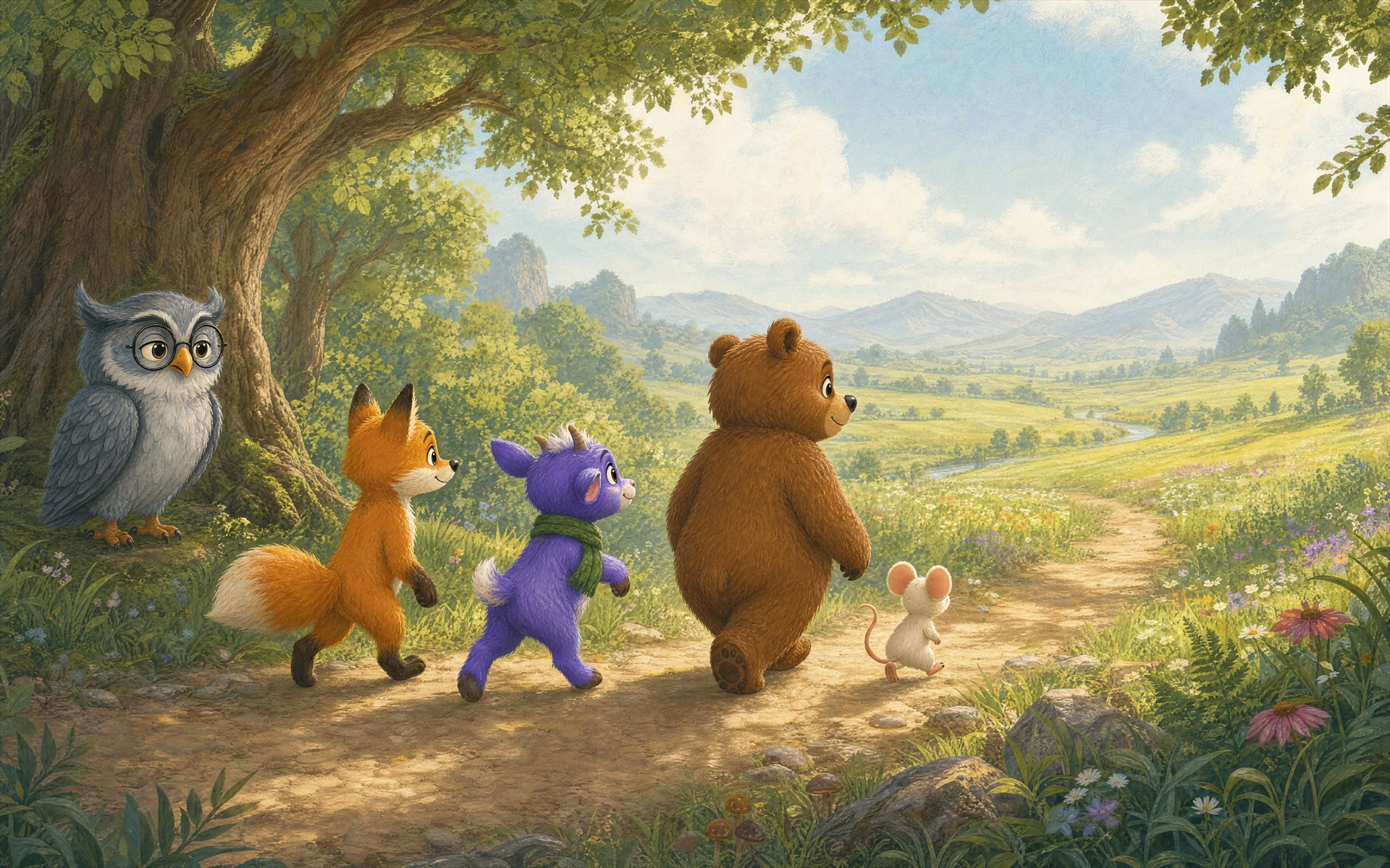 Old Grey watches as Finn, Bell, Ollie, and Row set out across a sunlit valley