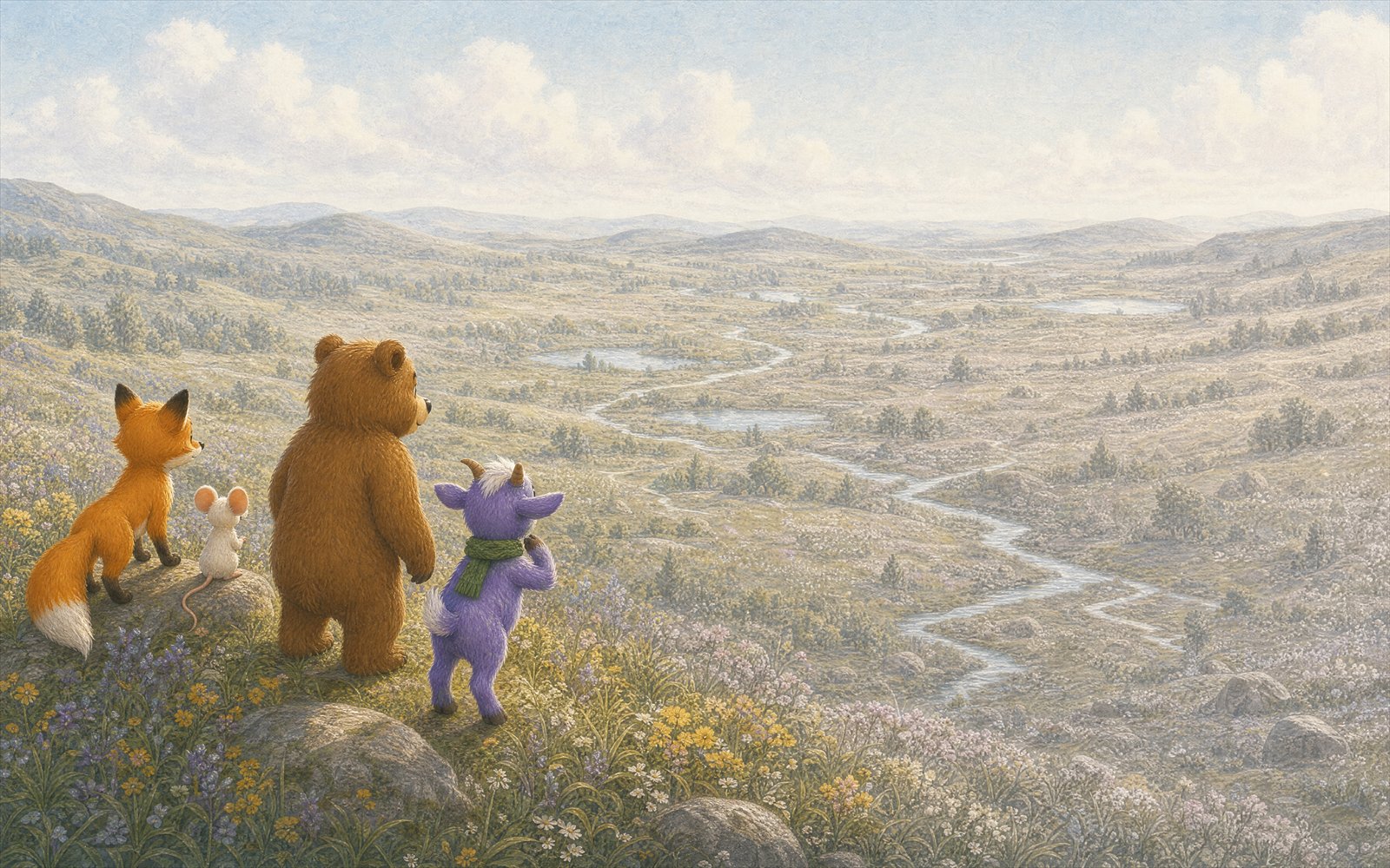 Finn, Row, Ollie, and Bell look across the vast faded landscape of Mesmer Meadows for the first time
