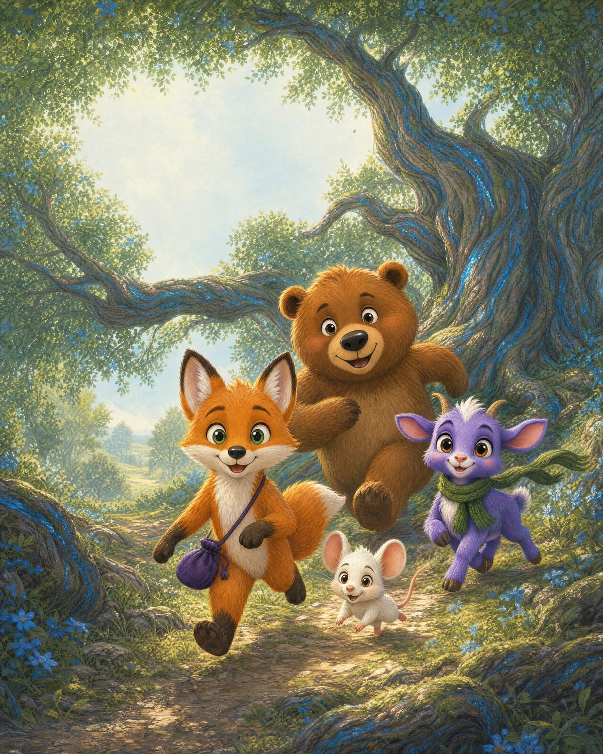 Finn, Row, Ollie, and Bell running beneath the magical Trust Tree